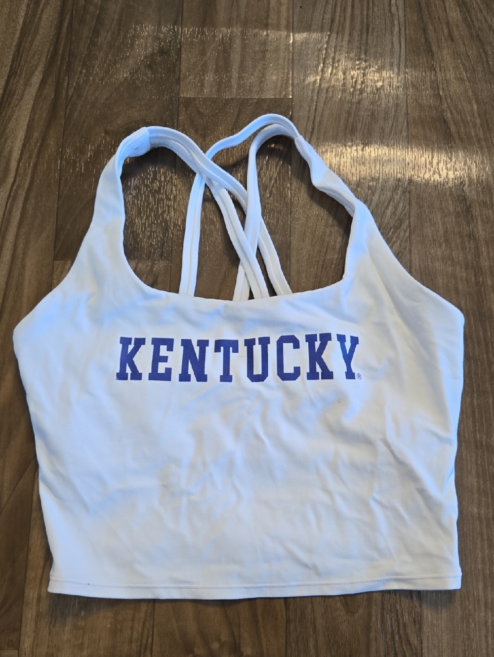 CRZ YOGA White Strappy Crop Top with Blue 'KENTUCKY' Logo
